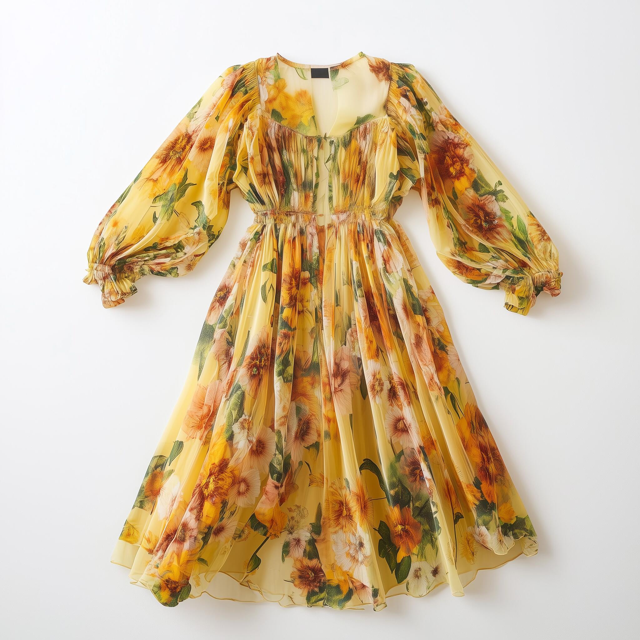 Floral Yellow Elegant Midi Dress